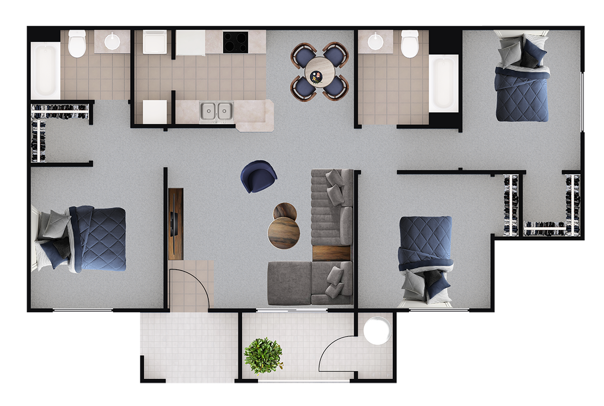 Floor plan for 3 beds, 2 baths, 1127 sqft
